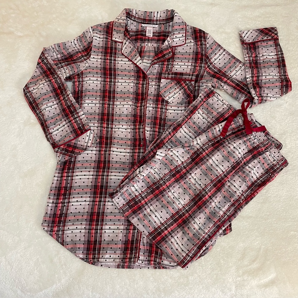 Victoria’s Secret Red White Black Plaid Pajamas w/ Red Satin Trim & Bow Wm Sz S